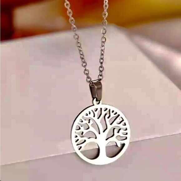 Polished Stainless Steel Tree of Life Pendant Necklace - Picture 3 of 7